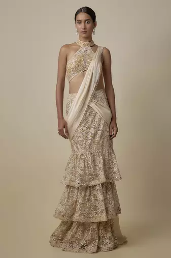 Beige satin embroidered saree