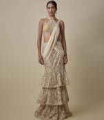 Beige satin embroidered saree
