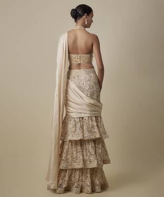 Beige satin embroidered saree 2