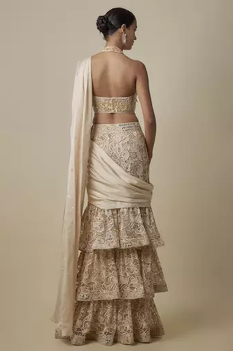 Beige satin embroidered saree