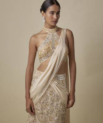 Beige satin embroidered saree 3