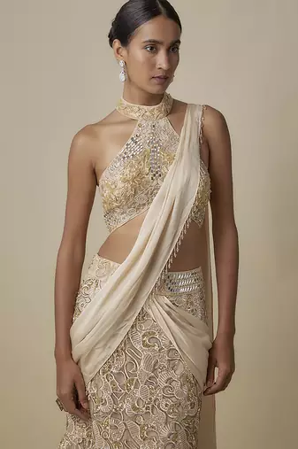 Beige satin embroidered saree
