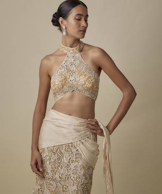 Beige satin embroidered saree 4