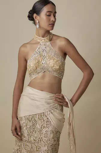 Beige satin embroidered saree