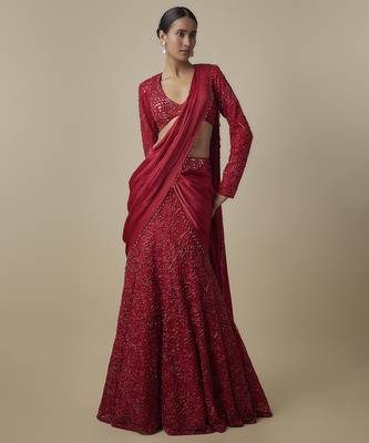 Red satin drape embroidered saree 1