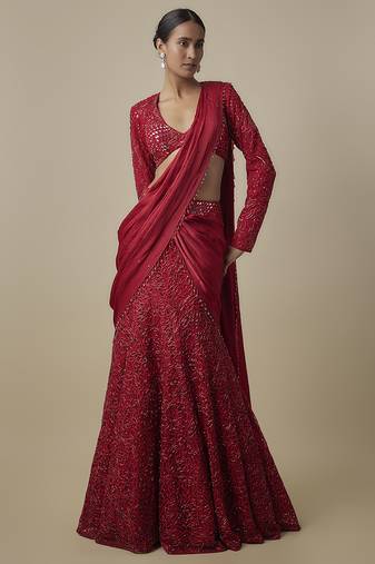 Red satin drape embroidered saree