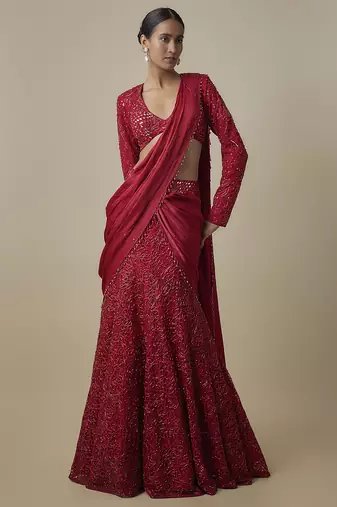 Red satin drape embroidered saree