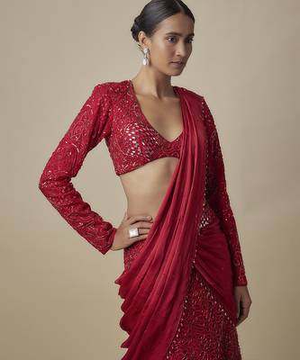Red satin drape embroidered saree 2