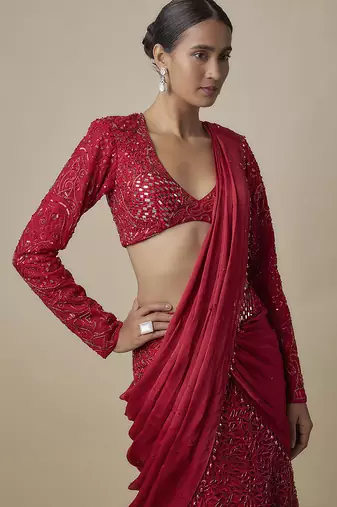 Red satin drape embroidered saree