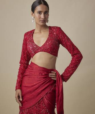 Red satin drape embroidered saree 3