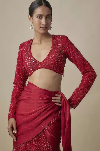 Red satin drape embroidered saree