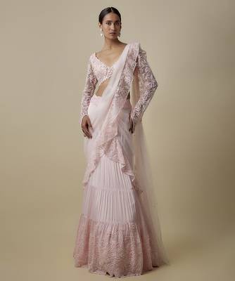 Pink satin embroidered saree 1