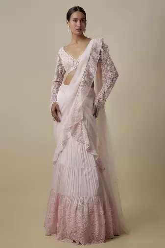 Pink satin embroidered saree