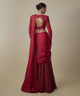 Red satin drape embroidered saree 4