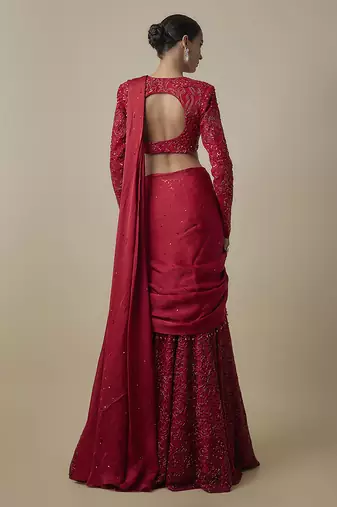 Red satin drape embroidered saree