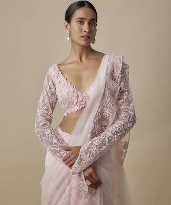 Pink satin embroidered saree 2