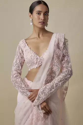 Pink satin embroidered saree