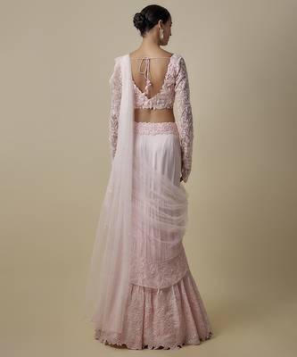 Pink satin embroidered saree 3