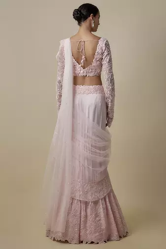 Pink satin embroidered saree