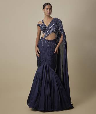 Blue satin plain saree 1