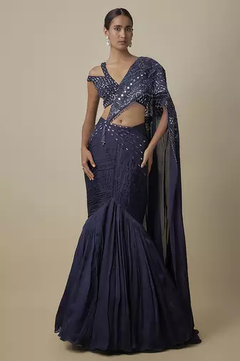 Blue satin plain saree