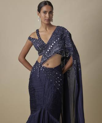 Blue satin plain saree 2