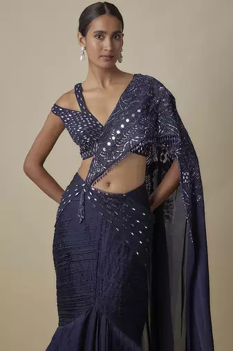 Blue satin plain saree