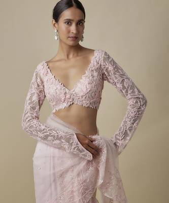 Pink satin embroidered saree 4