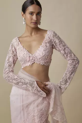 Pink satin embroidered saree