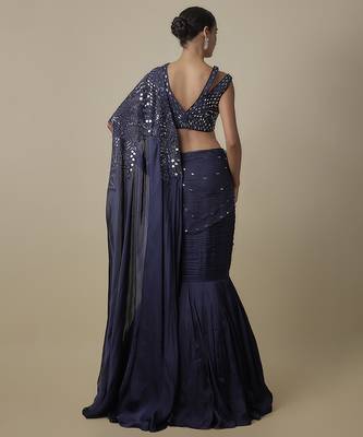 Blue satin plain saree 3