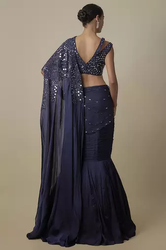 Blue satin plain saree