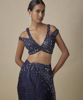Blue satin plain saree 4