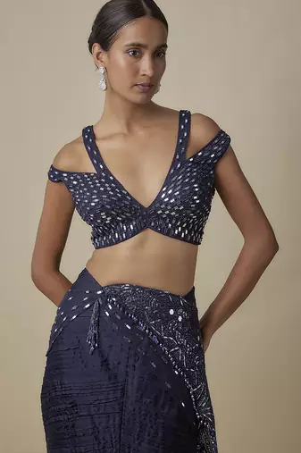 Blue satin plain saree