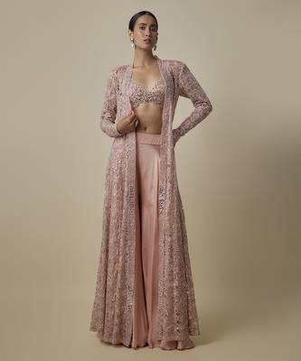 Gold satin plain pant with embroidered blouse and cape 1