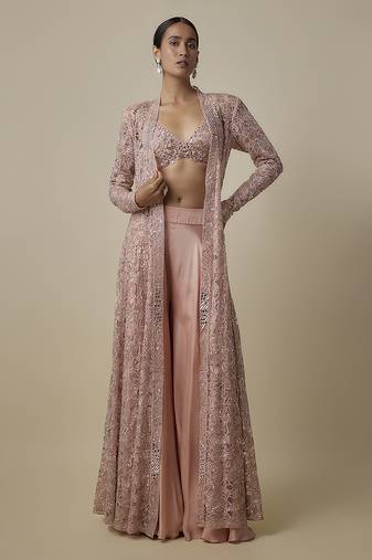 Gold satin plain pant with embroidered blouse and cape
