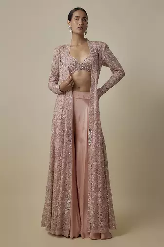 Gold satin plain pant with embroidered blouse and cape