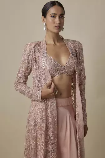 Gold satin plain pant with embroidered blouse and cape