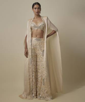 Beige satin embroidered pant and blouse paired with plain cape 1