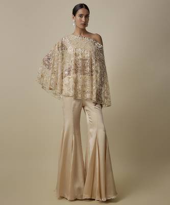 Beige satin plain blouse and pant paired with embroidered cape 1