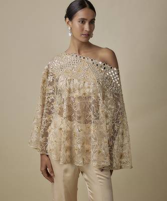 Beige satin plain blouse and pant paired with embroidered cape 2