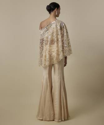 Beige satin plain blouse and pant paired with embroidered cape 4