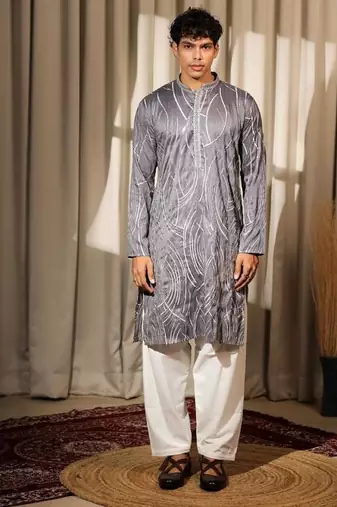 Bluish grey work viscose embroidered kurta for mehandi