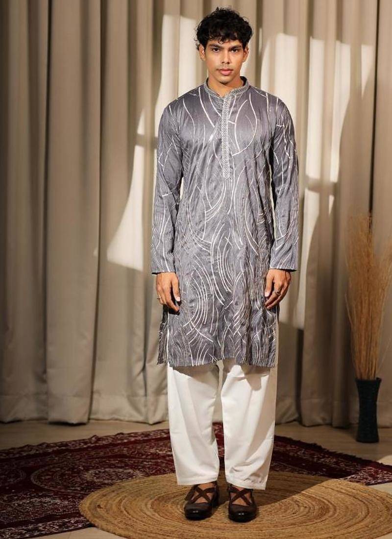 Bluish grey work viscose embroidered kurta for mehandi
