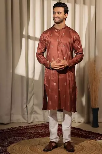 Brown work viscose embroidered kurta for festive