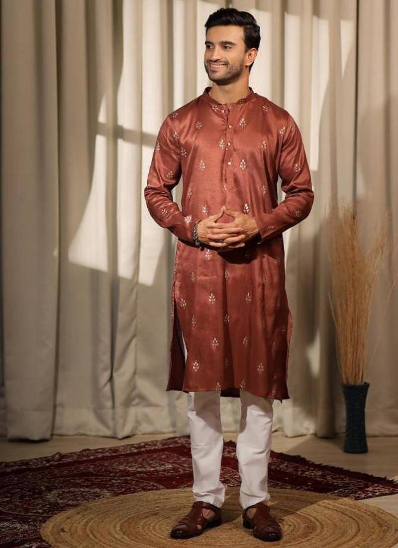 Brown work viscose embroidered kurta for festive