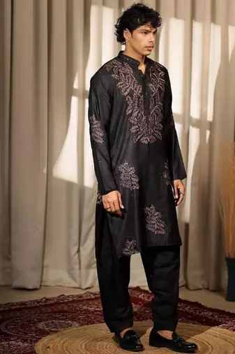 Black work greek satin embroidered kurta for festive