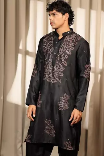 Black work greek satin embroidered kurta for festive