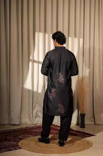 Black work greek satin embroidered kurta for festive
