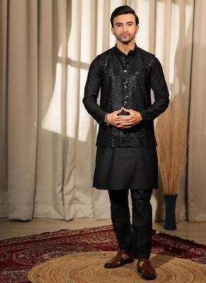 Black work viscose embroidered nehru jacket for festive 1