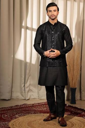 Black work viscose embroidered nehru jacket for festive
